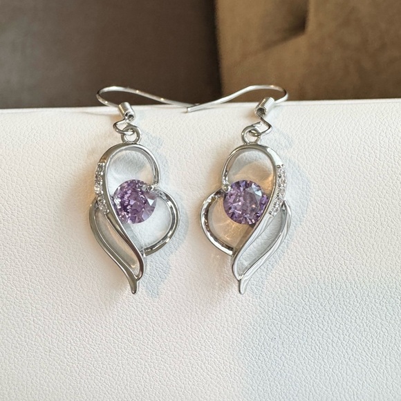 Silver Heart Purple Amethyst Drop Earrings with CZ Diamonds New - Picture 3 of 4